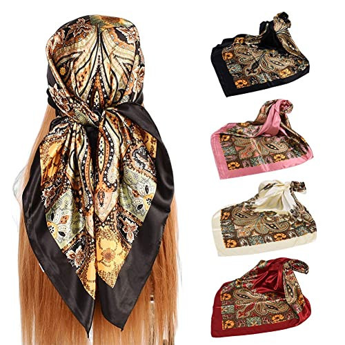 upeilxd 4Pcs Silk Head Scarves for Women Satin Hair Scarf 35”Large Square Bandana Silk Like Neck Scarf Shawl Sleeping Headscarf (Black/Red/Pink/Beige) | Amazon (US)