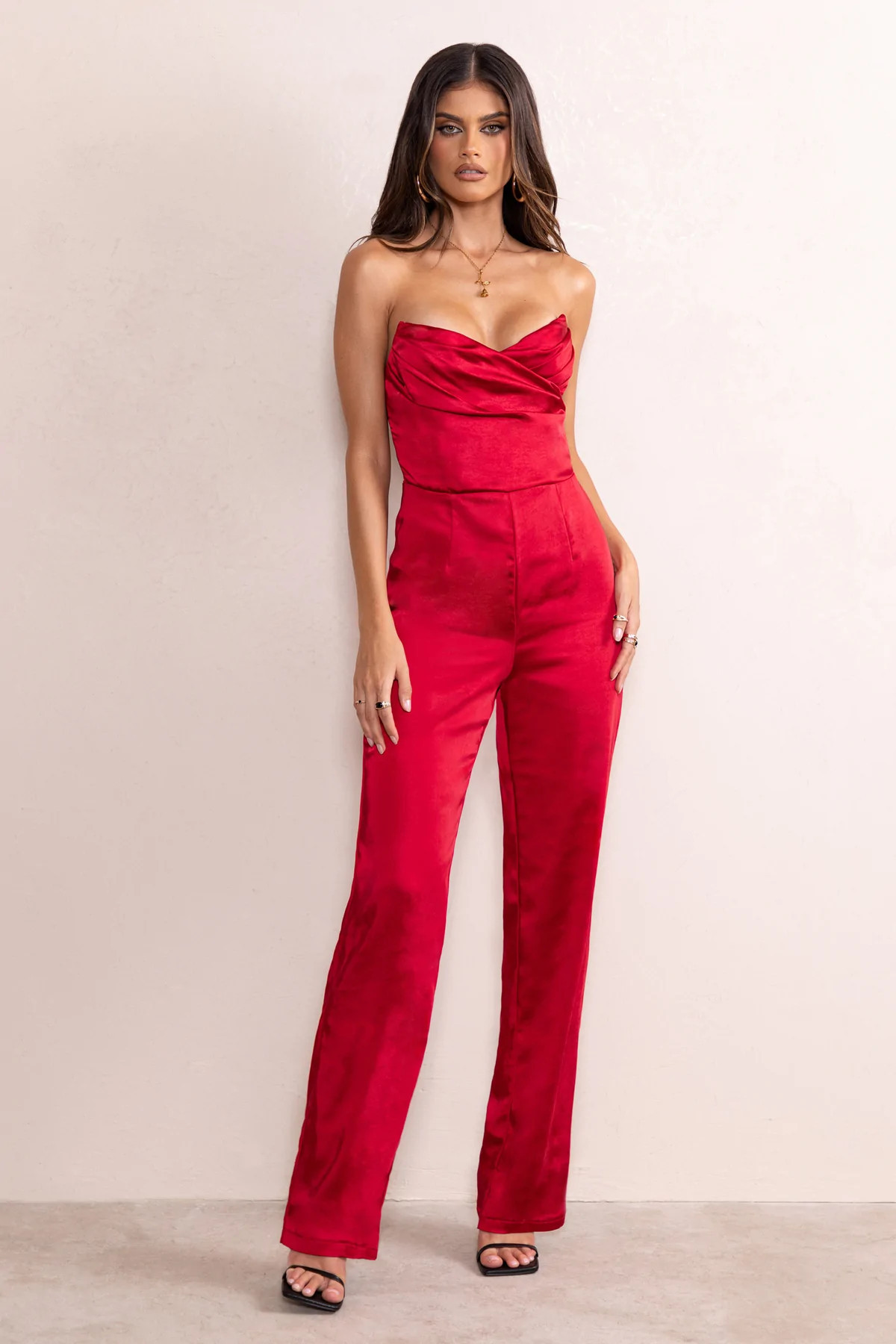 Amiah | Berry Red Satin Strapless Straight Leg Jumpsuit | Club L London