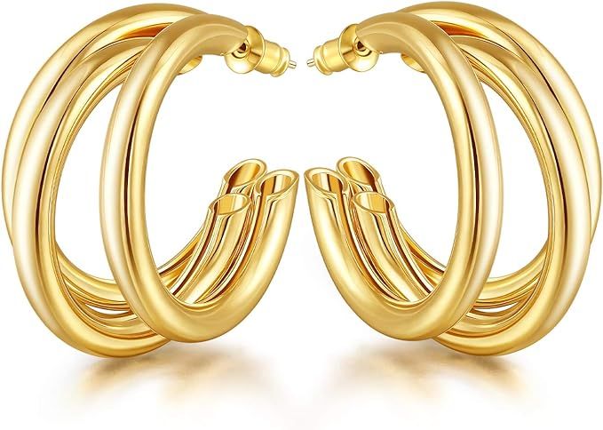 EASYSO Gold Hoop Earrings for Women, Chunky Triple Hoops Lightweight Big Thick Three Open Hoop Hy... | Amazon (US)