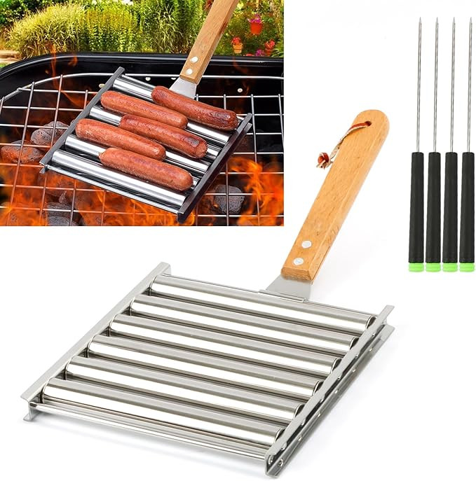 KAYCROWN Hot Dog Roller for Grill Stainless Steel BBQ Hot Dog Grill Roller with Wooden Handle, Sa... | Amazon (US)