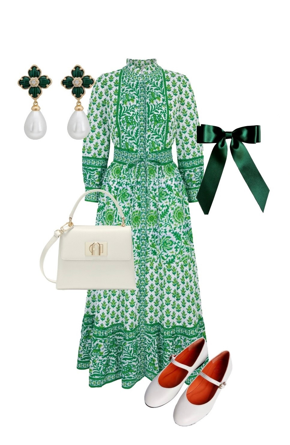 
Happy St Patrick’s Day! The perfect new season green dress looks amazing with white and green accessories. Wear to a wedding, afternoon tea or any other smart occasion!

Green Verdant Botanics Gemma Organic Cotton Block Printed Dress - Pink City Prints. Use discount code PINKCITYWELCOME10 for 10% off

Handmade Green Satin Hair Bow - Blossom & Cherry at Etsy

1927 Mini Top Handle Bag in White - Furla from Farfetch

Fay Mary Jane Flats in Bone Leather - on a seasonal sale at Penelope Chilvers 

Green and Pearl Drop Earrings - Latelita at Wolf and Badger


#LTKspring #LTKeurope #LTKdresses
