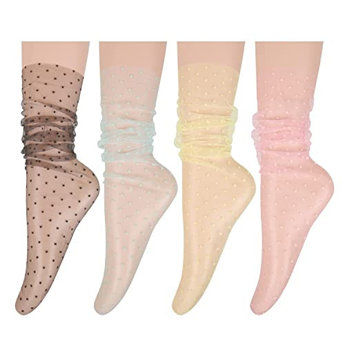 Violet Mist Women Girls Black Lace Socks Sheer Loose Socks Novelty Cute Polka Dot Decorated Mesh Tulle Socks Transparent Lace Slouch Socks Nylon Thin See Through Ankle High Socks Gifts, 4 Pack-Dot | Amazon (US)