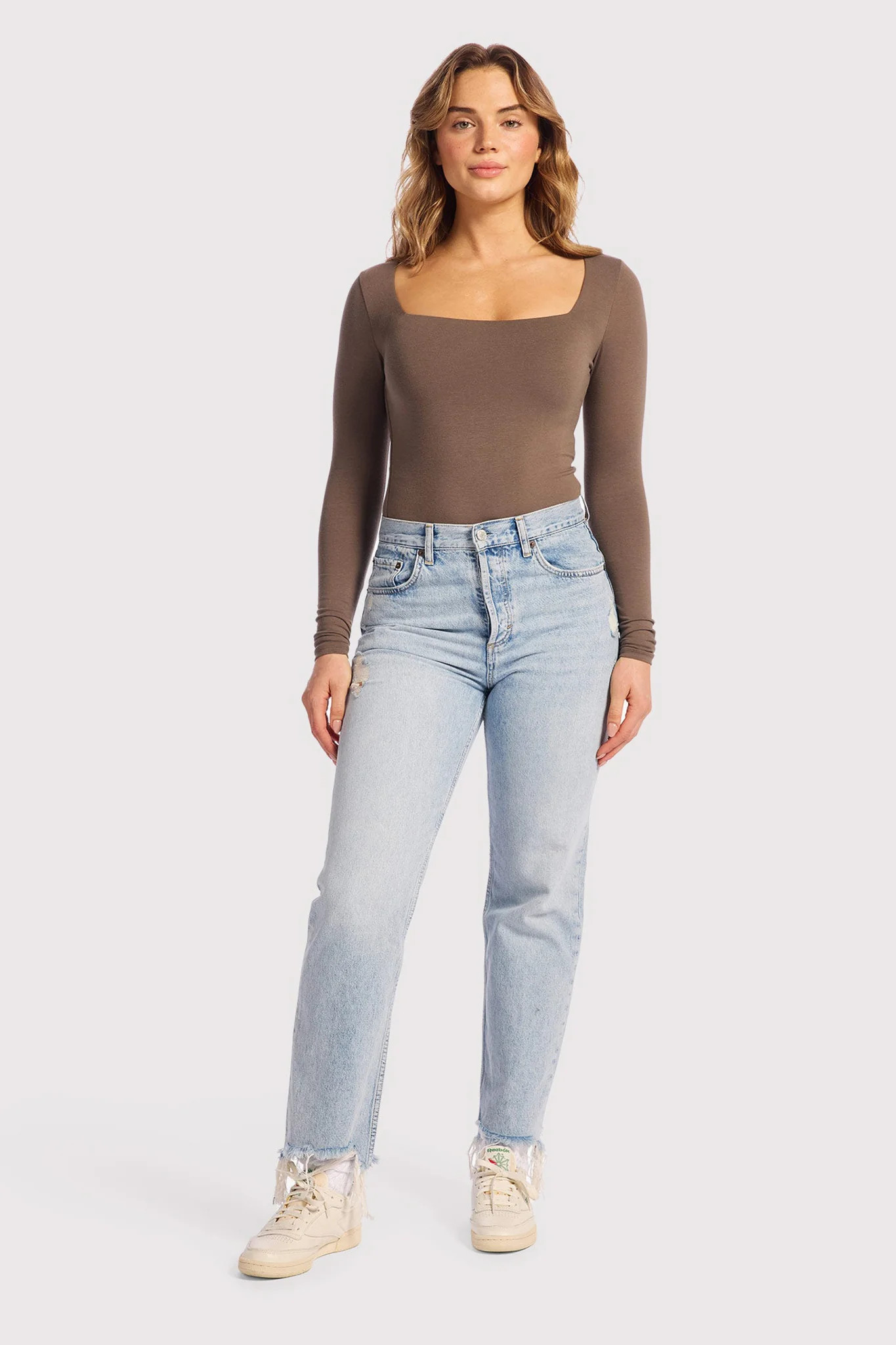 Cotton Stretch Long Sleeve Square Neck Bodysuit | Mocha | nuuds