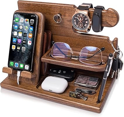 TESLYAR Wood Phone Docking Station Ash Key Holder Wallet Stand Watch Organizer Men Gift Husband W... | Amazon (US)