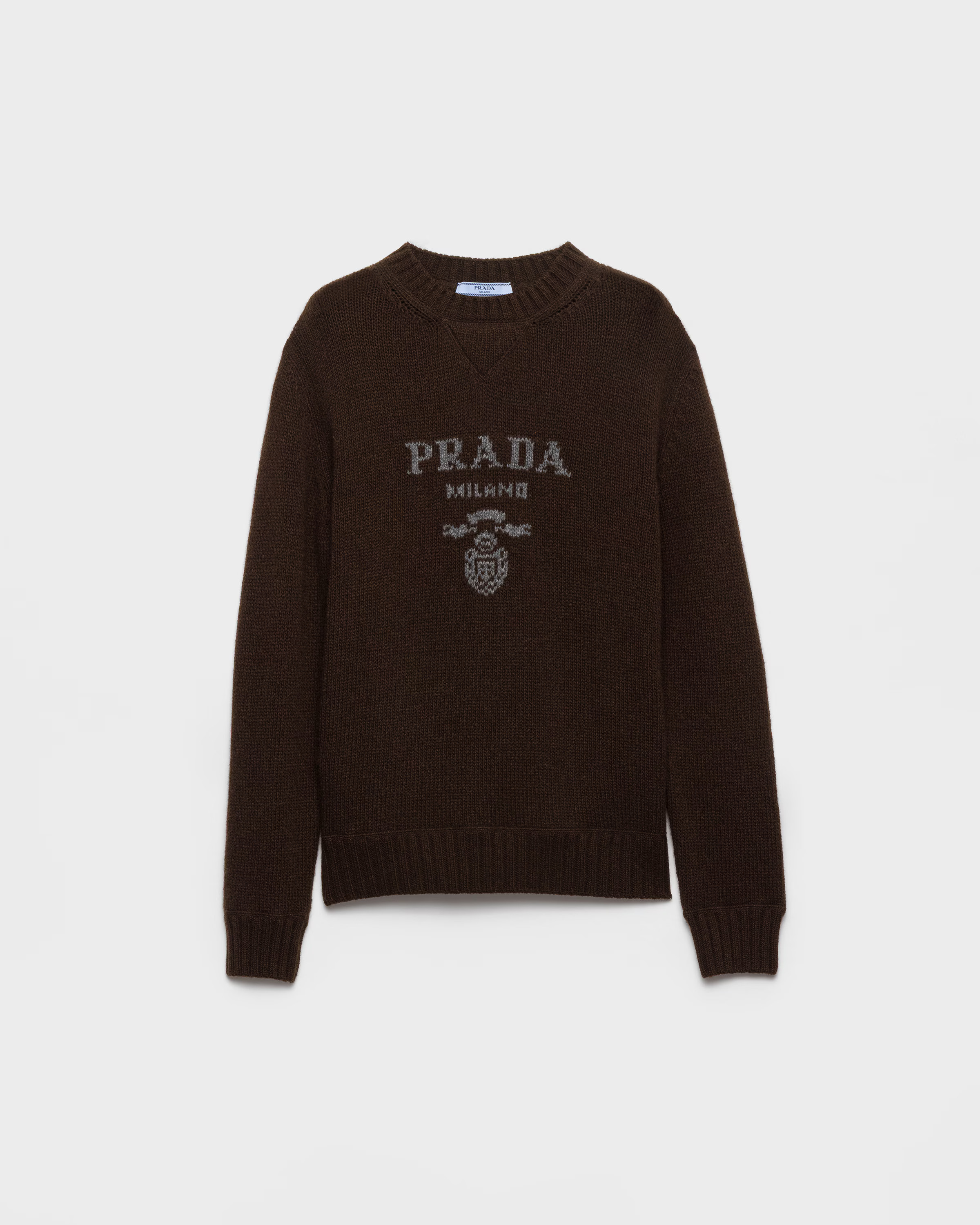 Dark Brown Cashmere And Wool Prada Logo Crew-neck Sweater | PRADA | Prada UK