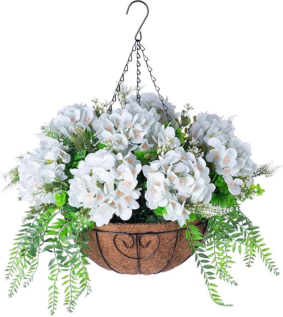 Artificial Flowers in Hanging Basket Planter for Home Spring Summer Decoration, Silk Hydrangea Ou... | Amazon (US)