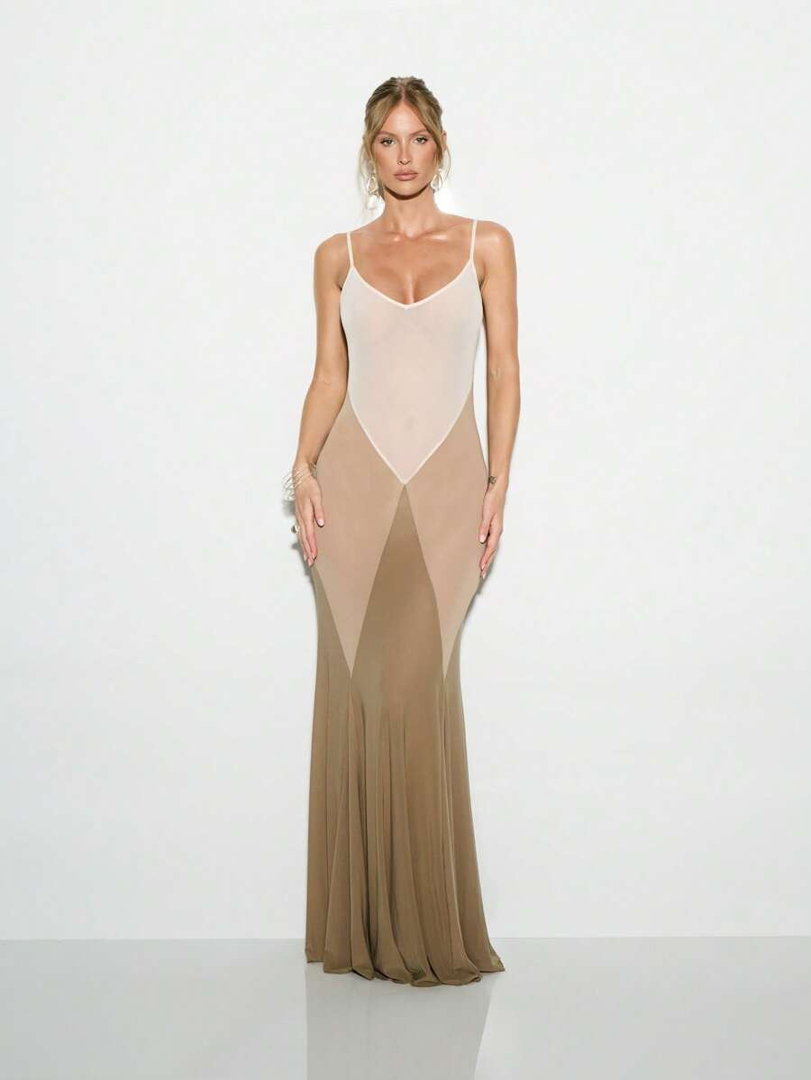 KIZN Mesh Paneled Mermaid Maxi Dress, Floor Length Elegant Evening Gown, Special Occasion Wedding... | SHEIN