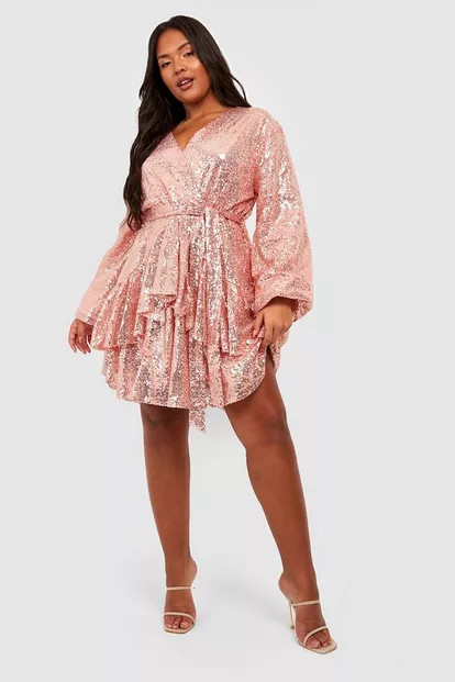 Plus Plunge Ruffle Hem Sequin Skater Dress | Boohoo.com (US & CA)