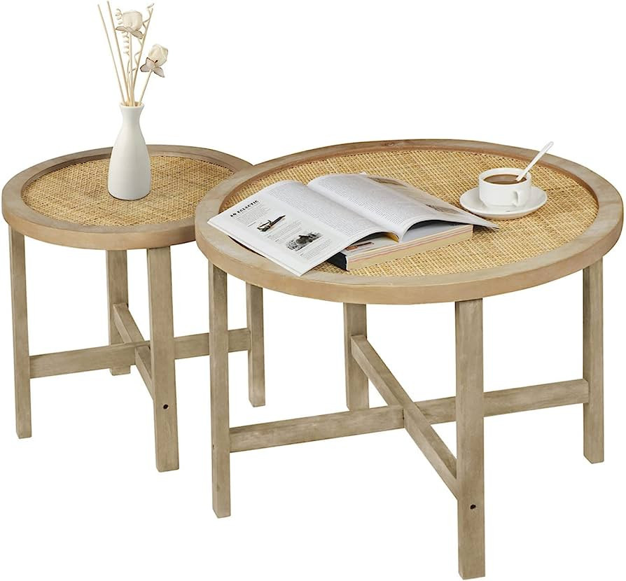 Anmytek Set of 2 Round Nesting Coffee Tables with Natural Rattan, Mid Century Wood End Table Rust... | Amazon (US)