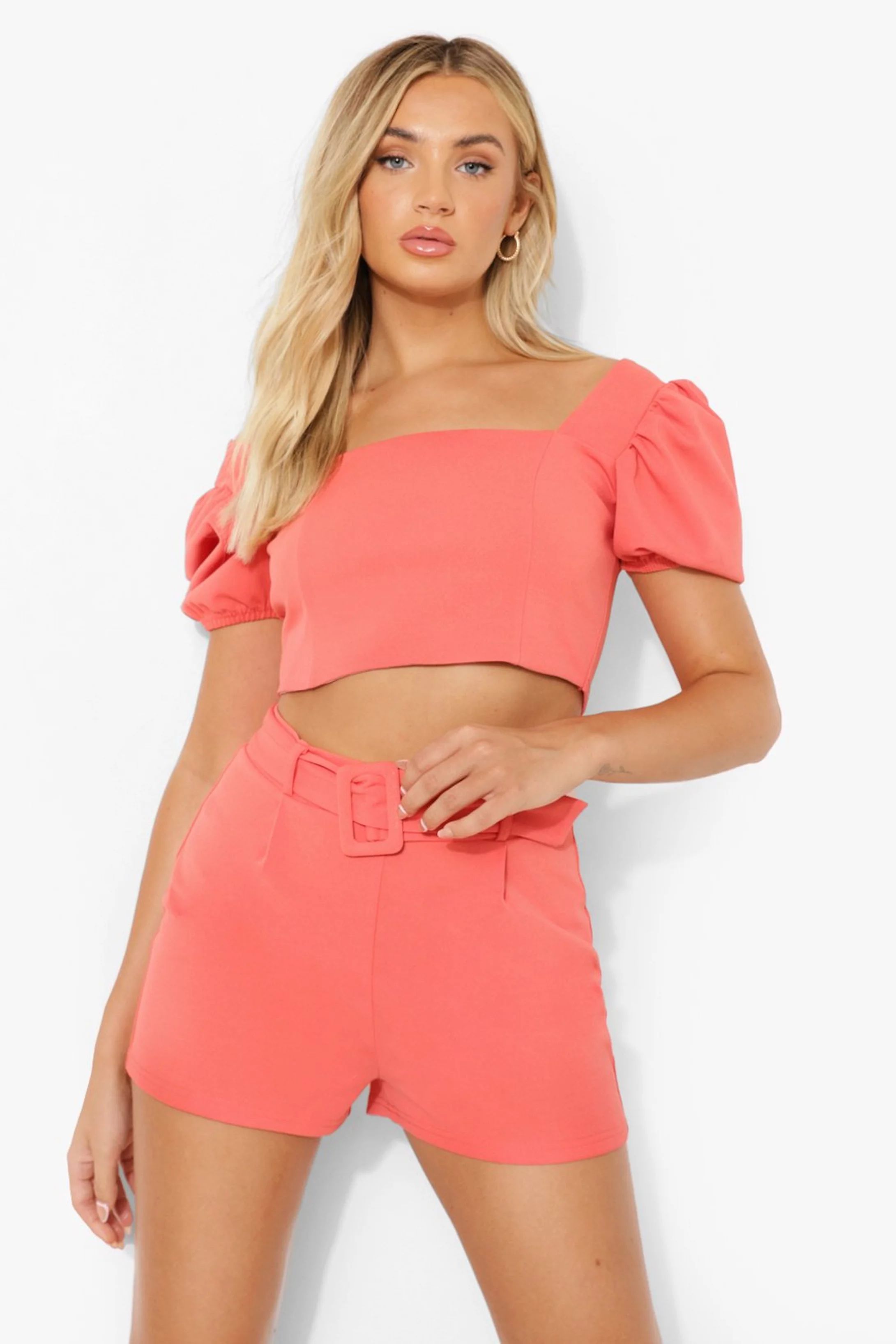 Puff Sleeve Crop & Belted Shorts | Boohoo.com (US & CA)