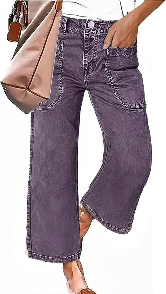 Flamingals Straight Wide Leg Jeans for Women Mid Waisted Casual Raw Hem Denim Capris Pants with P... | Amazon (US)