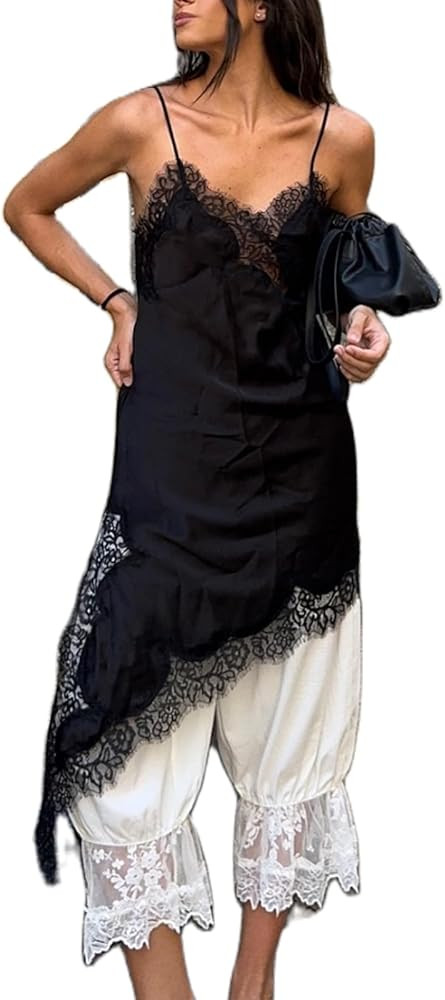 Women Satin Lace Trim Spaghetti Cami Tops Y2k Strap Side Split Asymmetrical Cami Top Loose Silky ... | Amazon (US)
