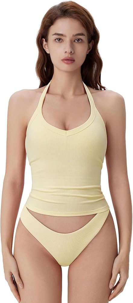 SUUKSESS Halter Tank Top for Women with Built in Bra Cotton Ribbed V Neck Cami | Amazon (US)