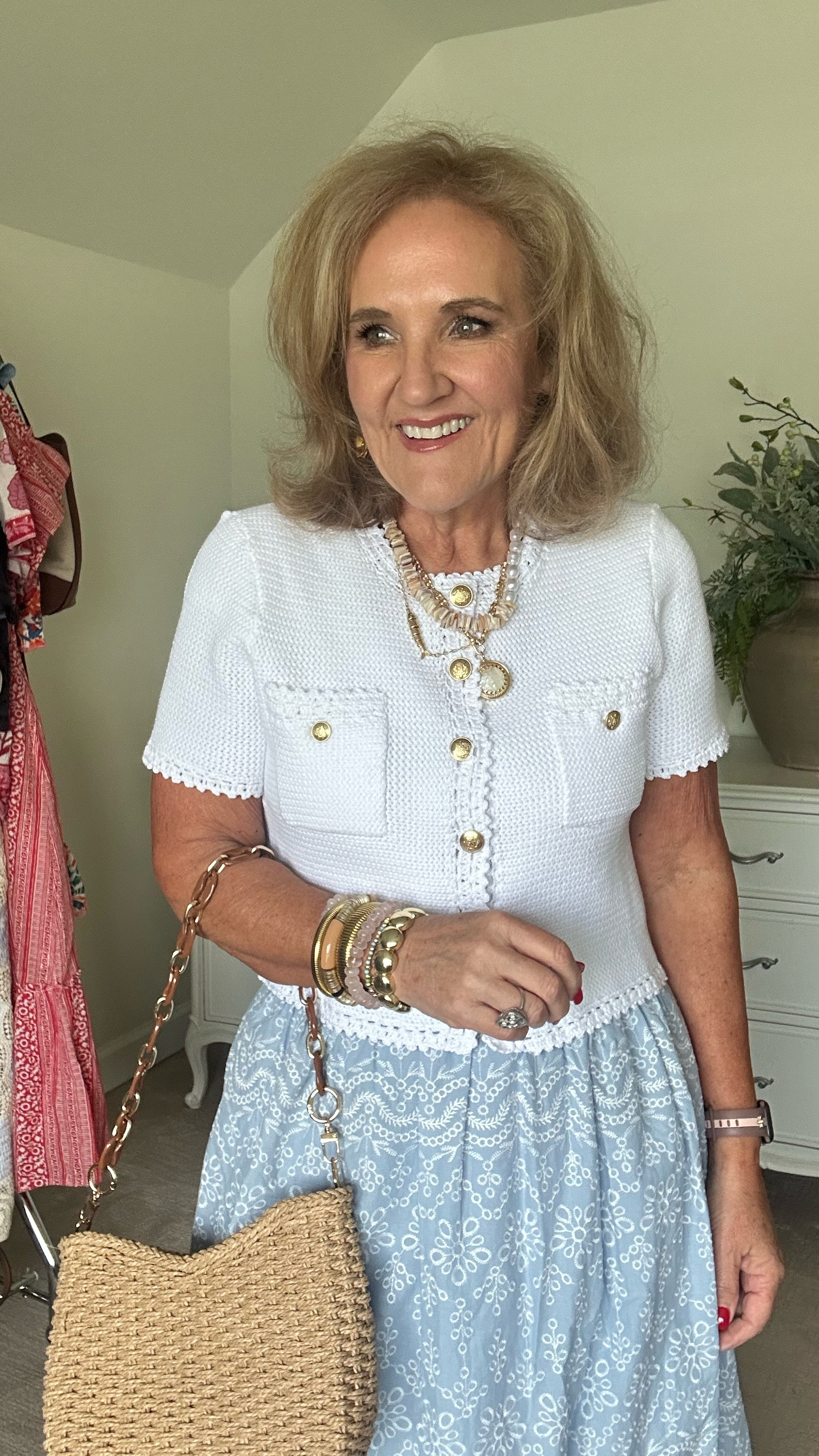 J.Crew, crochet cardigan, size medium
LOFT eyelet skirt size petite medium 
Linking my favorite self tanner, loving tan. You use the moose and the applicator met, and it applies very evenly.

#LTKSaleAlert #LTKOver40 #LTKFindsUnder100