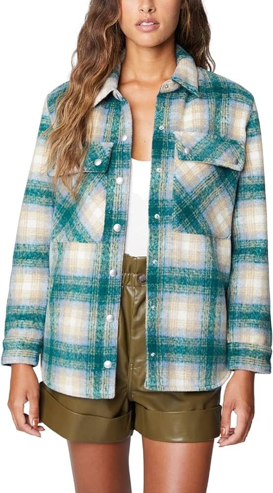 [BLANKNYC] Womens Luxury Clothing Plaid Shirt Jacket, Stylish Shacket & Trendy Coat, Green Room, ... | Amazon (US)