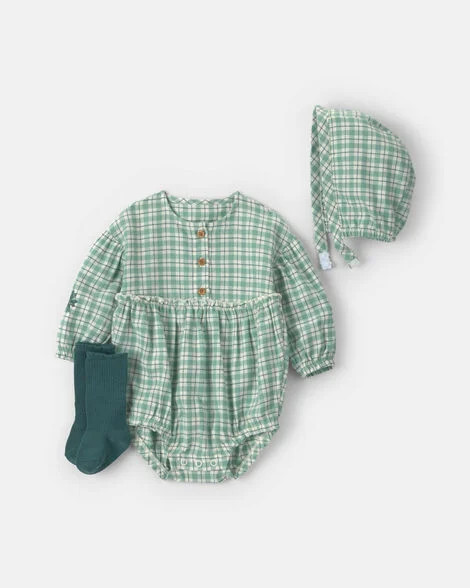 Baby Girl 3-Piece Flannel Long-Sleeve Bubble Set - Green | Carter's | Carter's Inc