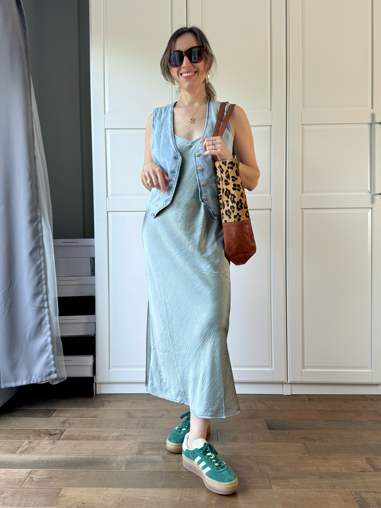 Nothing beats a light green slip dress with a light denim vest and fun accessories! 

Satin maxi dress, denim, green sneakers, adidas gazelle bold, spring outfit, spring style, over 40 style  

#LTKShoeCrush #LTKOver40 #LTKFindsUnder50