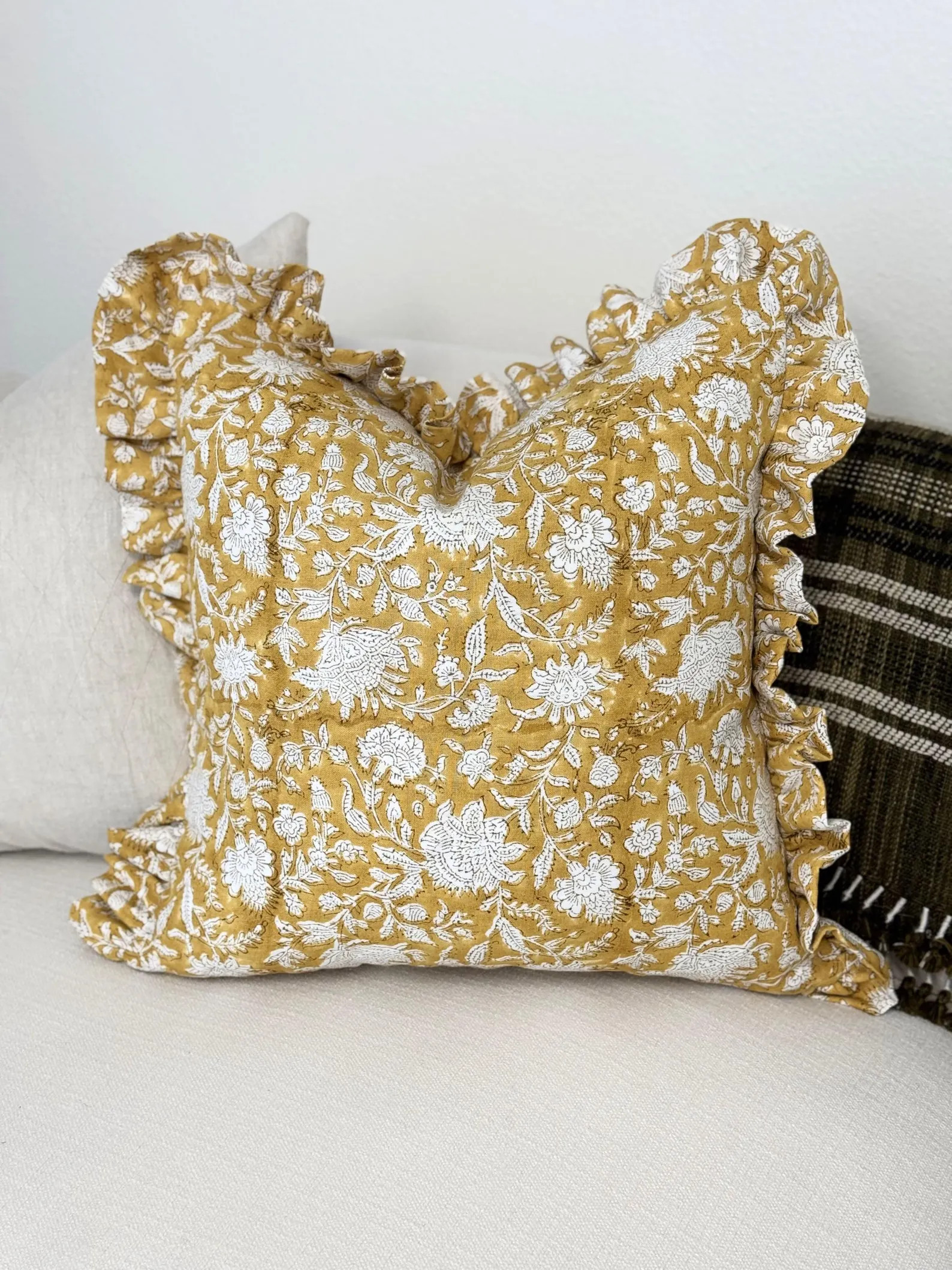 Designer Floral Yellow on off white Linen Pillow Cover, Yellow Pillow cover, Ruffled Pillow, Farm... | Etsy (US)