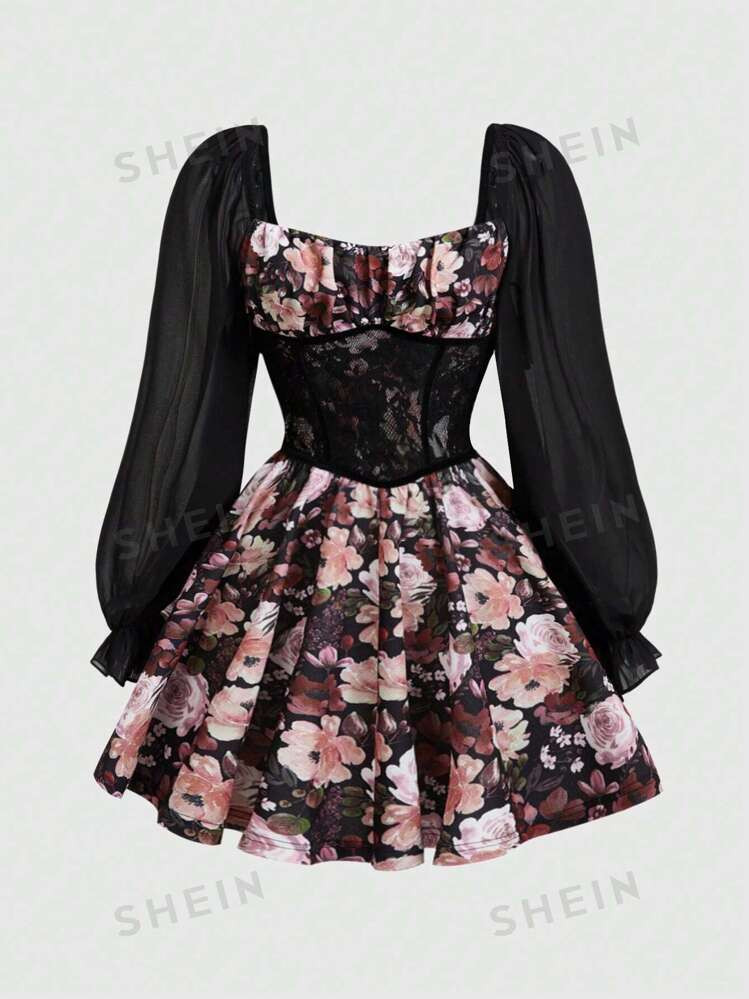 Anis Illustration Artist Girlcore Floral Print Contrast Lace Flare Sleeve Dress, Fall Women Cloth... | SHEIN