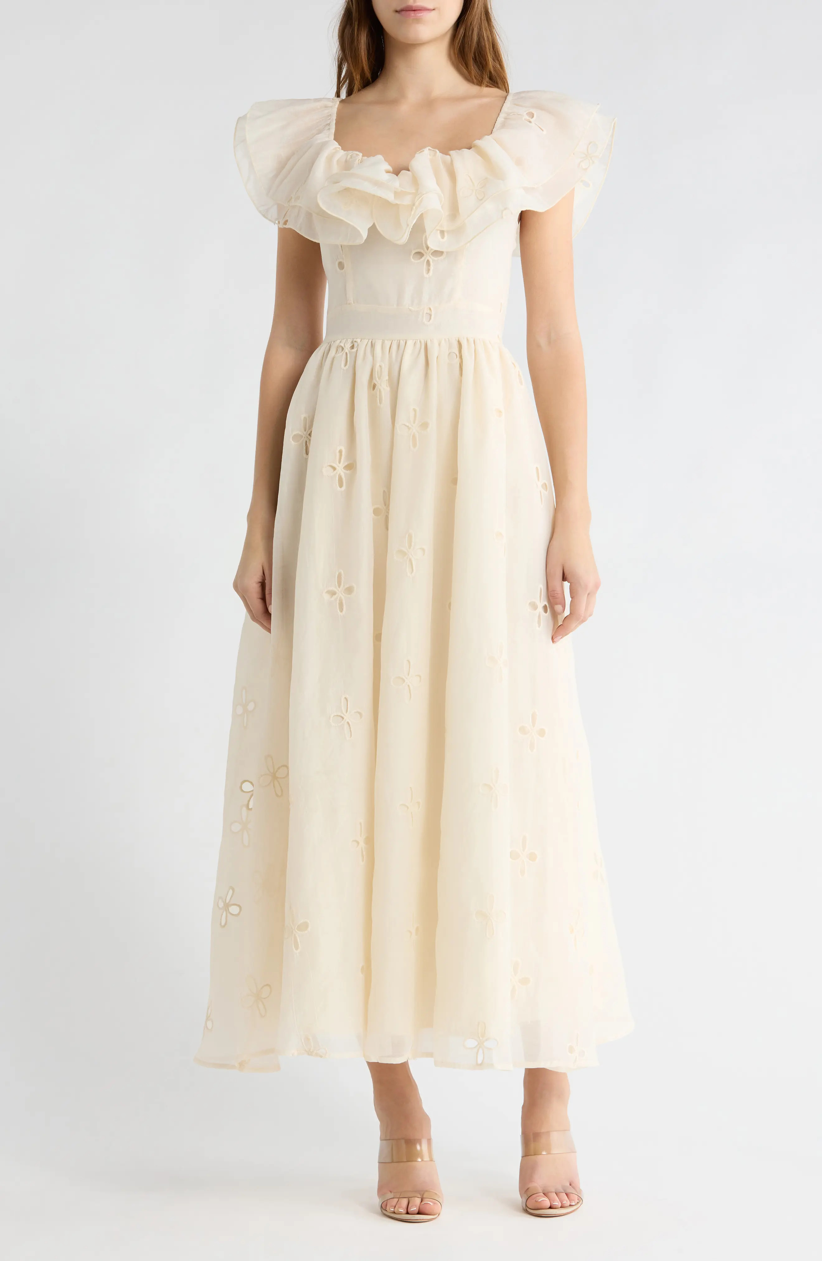 Love By Design Miley Ruffle Cap Sleeve Maxi Dress in Ivory at Nordstrom Rack, Size Medium | Nordstrom Rack