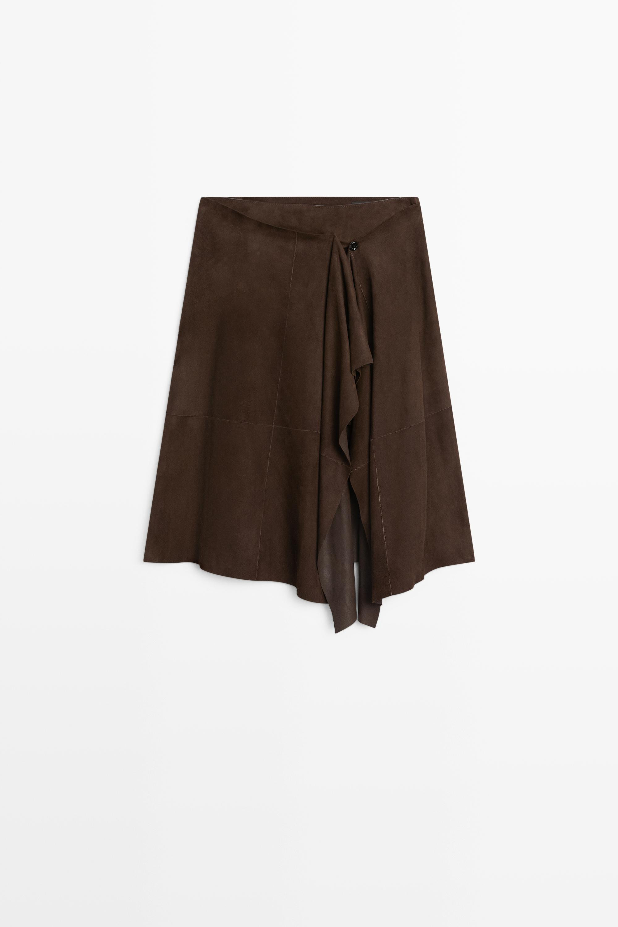 Suede leather midi skirt with ruffle detail | Massimo Dutti UK