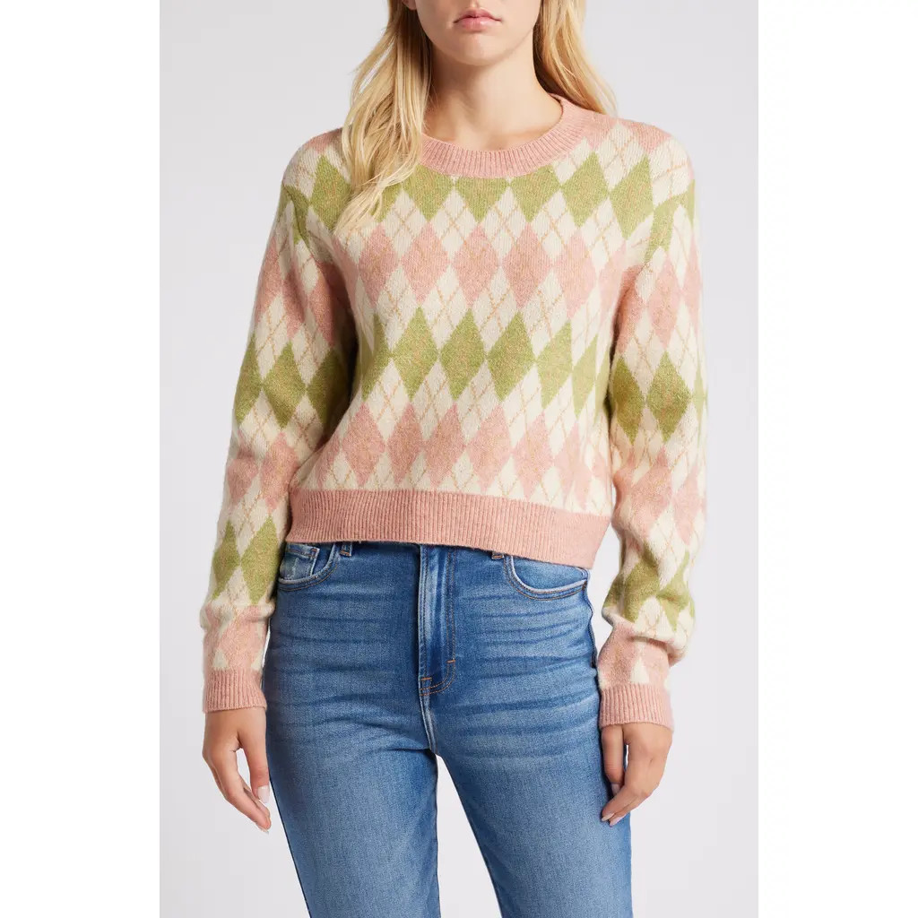 All in Favor Argyle Crewneck Sweater in Pink Green at Nordstrom, Size Small | Nordstrom