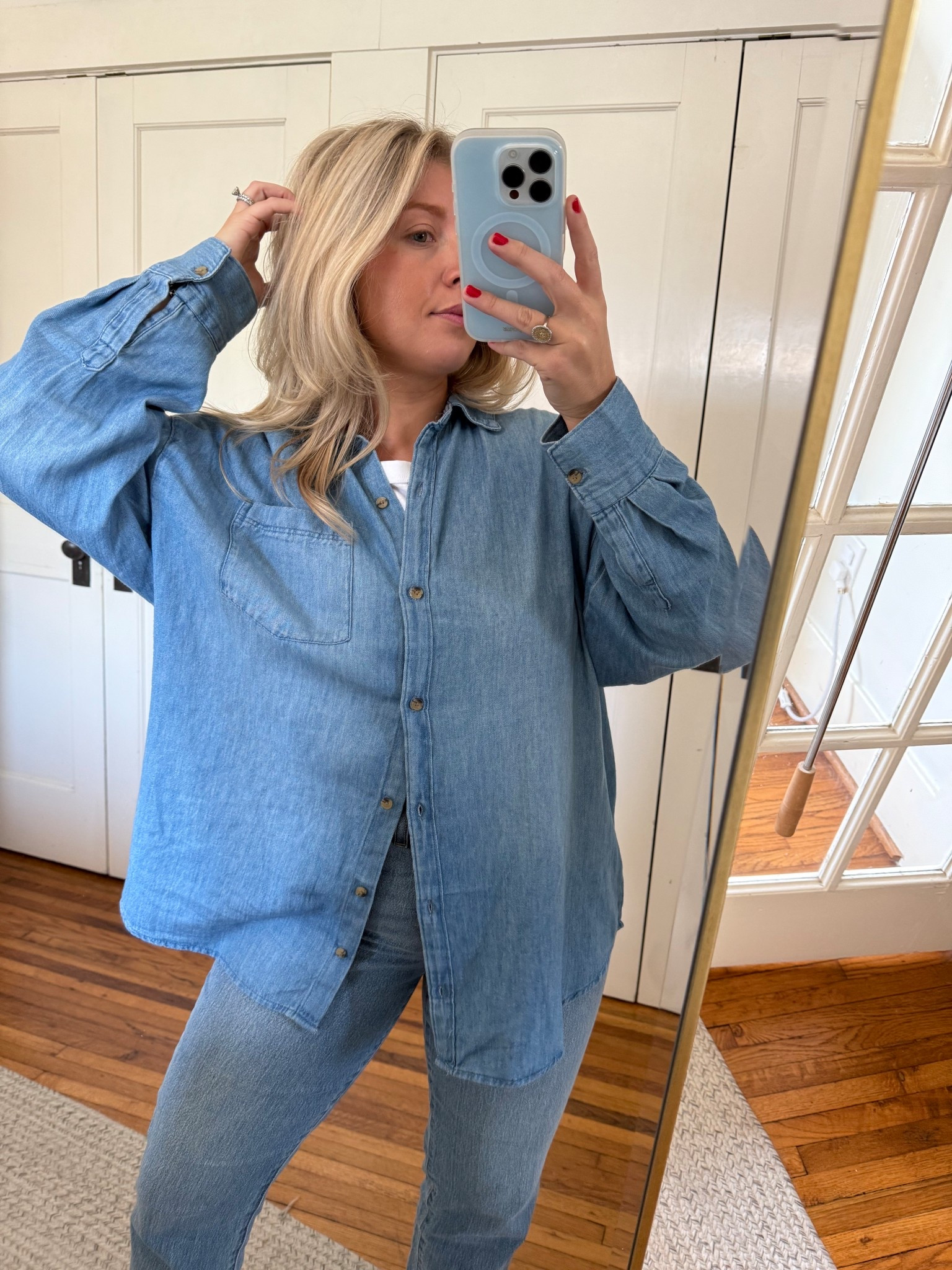 Oversized Denim Boyfriend Buttondown Shirt - wearing a medium and it’s huge but that’s how I wanted it 

#LTKSeasonal #LTKMidsize #LTKPetite