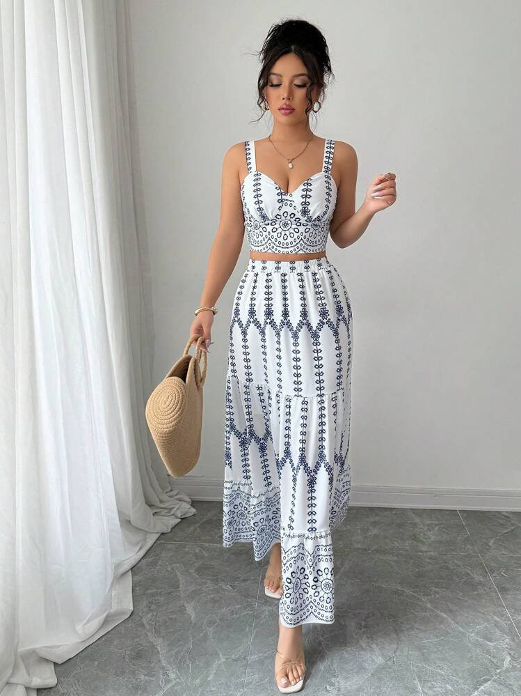 Elenzga Women Elegant Fashion Spaghetti Strap Top & A-Line Printed Skirt 2pcs Set (Random Printin... | SHEIN