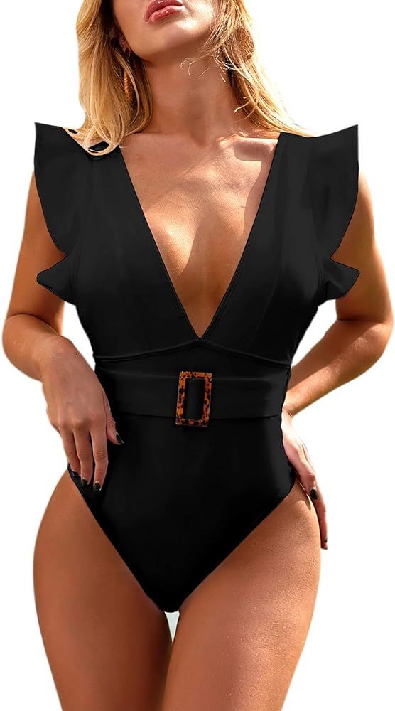 JASASCCEL Women Ruffles Flounce One Piece Swimsuit Sexy Deep V Neck Plunge Bathing Suit Monokini ... | Amazon (US)