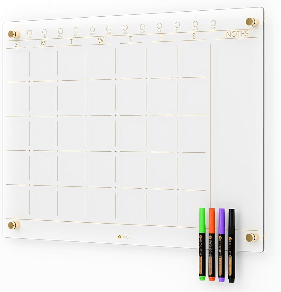 Clear Glass Monthly Dry Erase Calendar Non-Magnetic Whiteboard for Wall, 17" x 23", Frameless Lar... | Amazon (US)