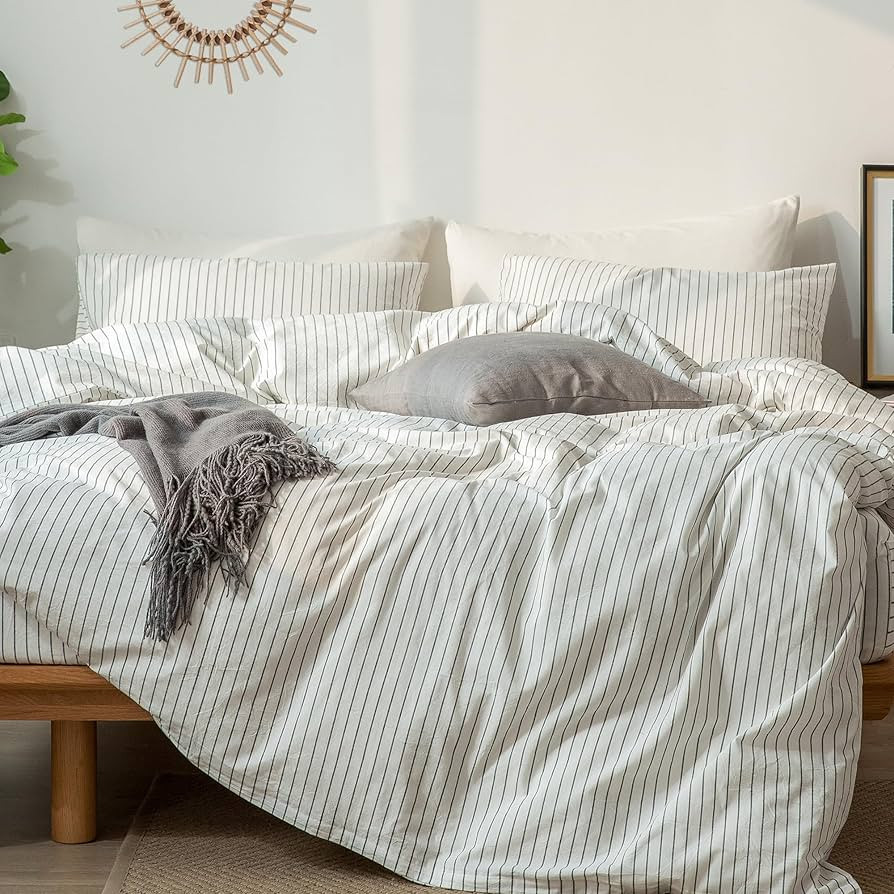 MooMee Striped Duvet Cover Set 100% Washed Cotton Linen Like Textured Breathable Durable Soft Com... | Amazon (US)