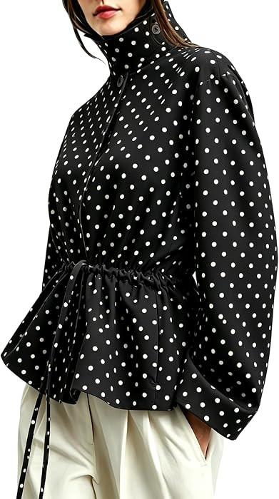 Women's Drawstring Polka Dot Jackets Funnel Neck Button Down Short Casual Lightweight Parka Coat ... | Amazon (US)