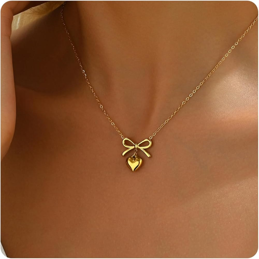 Gold Heart Bow Necklace for Women, 18K Gold Plated Dainty Tiny CZ Bow Bow with Pearl Pendant Neck... | Amazon (US)