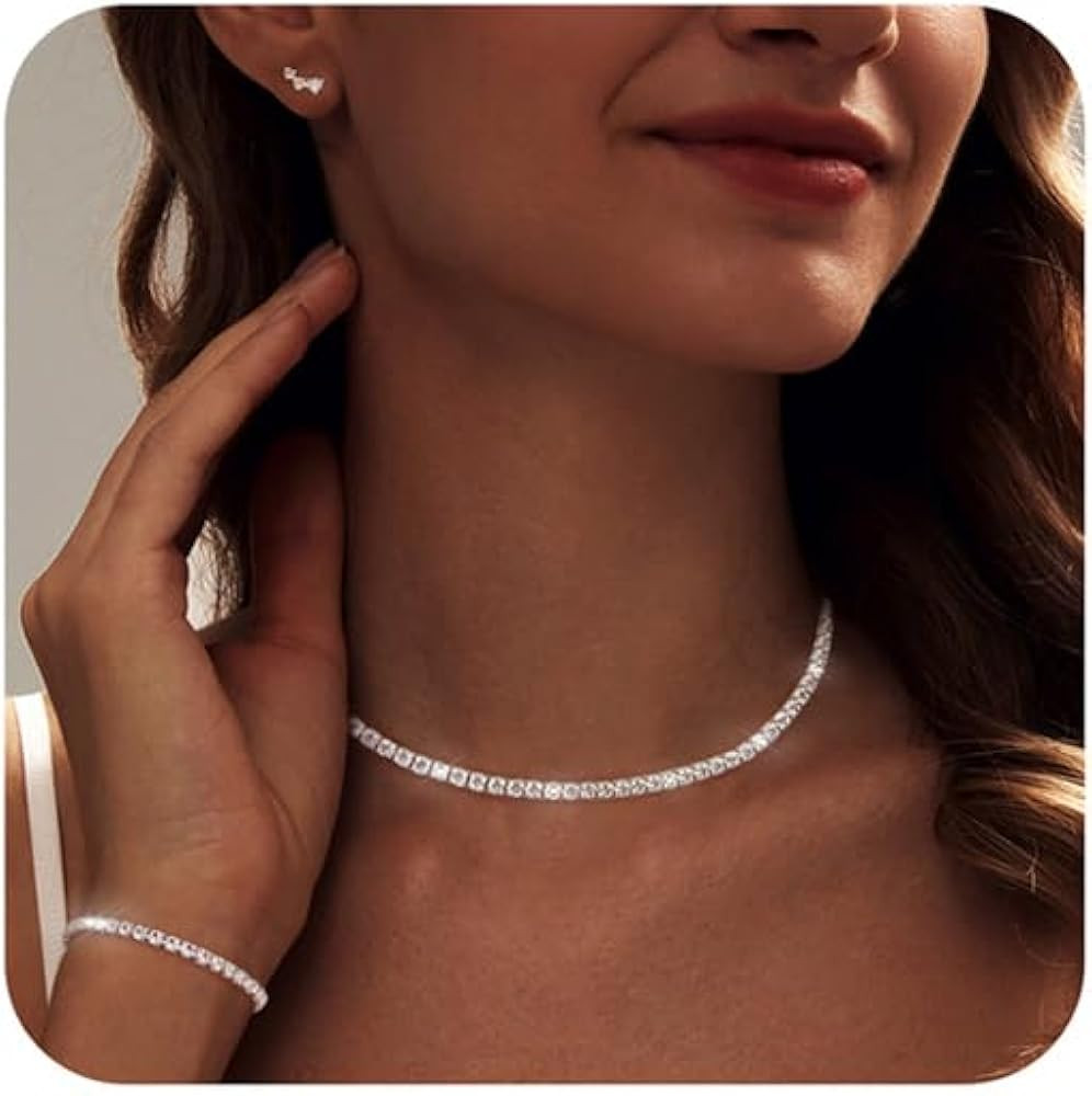 Tennis Necklace Bracelet for Women, Dainty Sterling Sliver Choker Necklace Crystal Link Bracelet ... | Amazon (US)