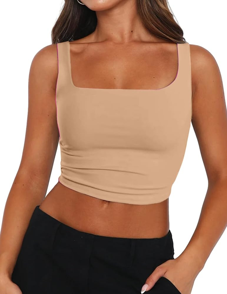Zeagoo Women's Square Neck Sleeveless Crop Tops 2025 Cute Double Layer Casual Slim Fit Trendy Tan... | Amazon (US)