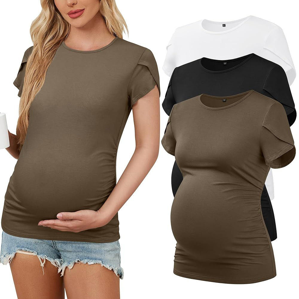 OUGES 3 Pack Women's Maternity Shirts/Tops Crew Neck Short Petal Sleeve Casual Fashion Tee Side R... | Amazon (US)