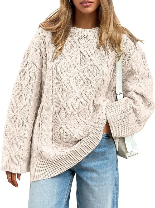 Trendy Queen Women's Oversized Cable Knit Crewneck Sweaters Cozy Winter Clothes | Amazon (US)