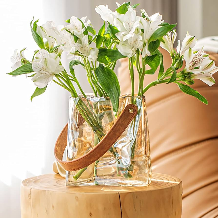 Handbag Shape Glass Vase, Clear Small Vase with Leather Handle, Glass Purse Vases for Flowers, Gr... | Amazon (US)