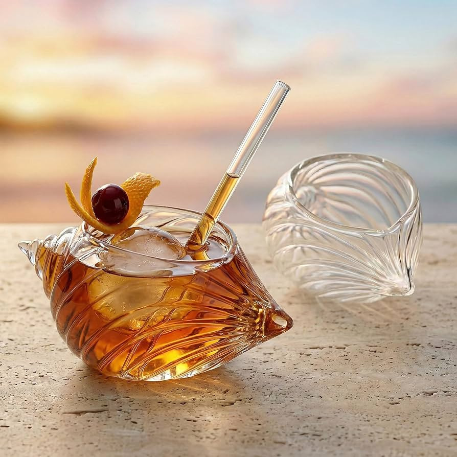 Ribbed Glass Seashell Drinking Cups: 2 Pack 12 Oz Clear Conch Shell Cocktail & Wine Goblet for Ma... | Amazon (US)
