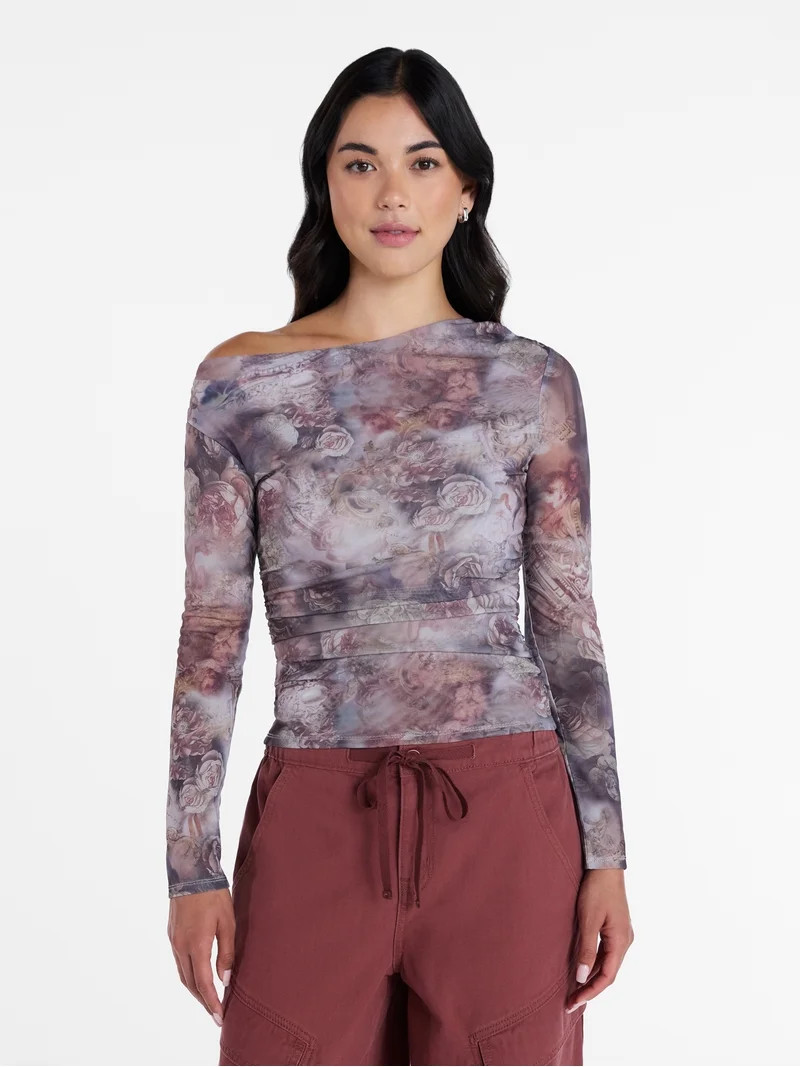 Madden NYC Women\u2019s Asymmetrical Mesh Top with Long Sleeves, Sizes XXS-XXL | Walmart (US)