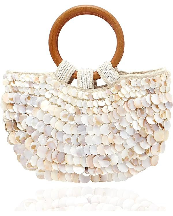 Miuco Shell Purse For Women Handmade Seashell Beaded Clutch Beach Wooden Top Handle Bag | Amazon (US)