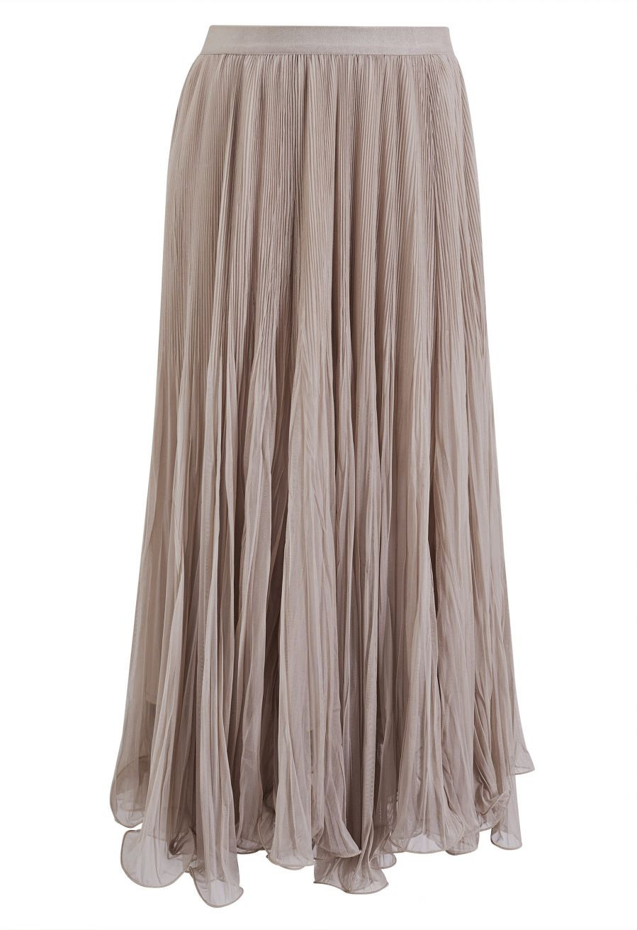 Asymmetric Ruffled Hem Crinkled Tulle Maxi Skirt in Taupe for Daily Office & City Shopping | Chicwish