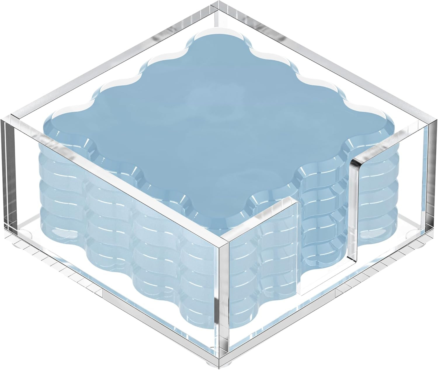 Square Scalloped Acrylic Drink Coaster Set 4‑Pack with Square Holder (Light Blue) | Amazon (US)