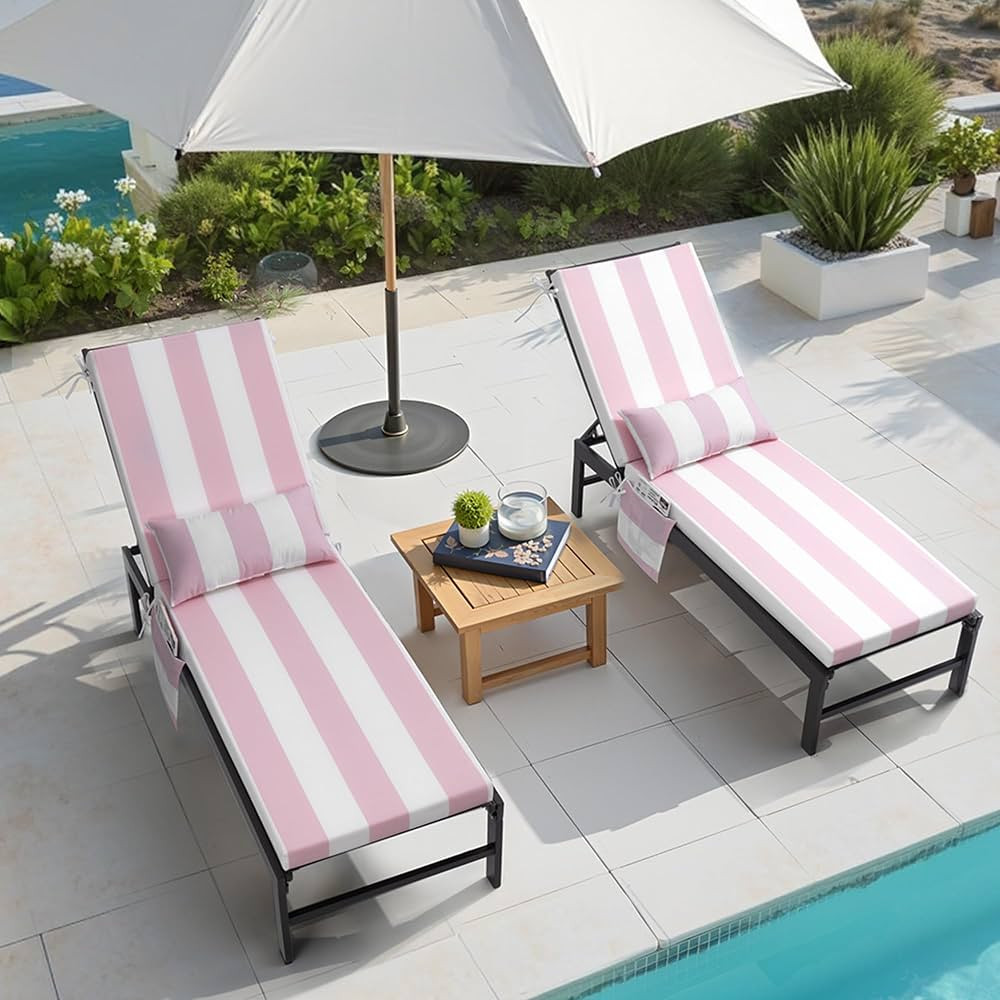 Outdoor Chaise Lounge Cushion Set of 2 with Head Pillow and Side Pockets, Water Repellent & Weath... | Amazon (US)