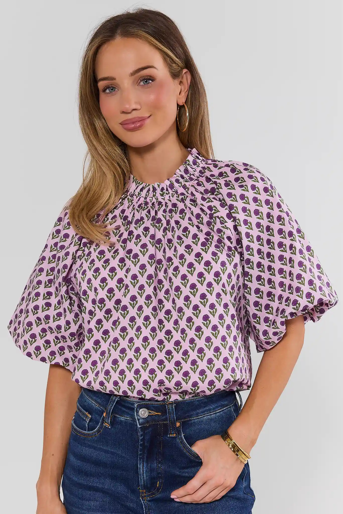 Purple Block Print Gathered Top | Avara