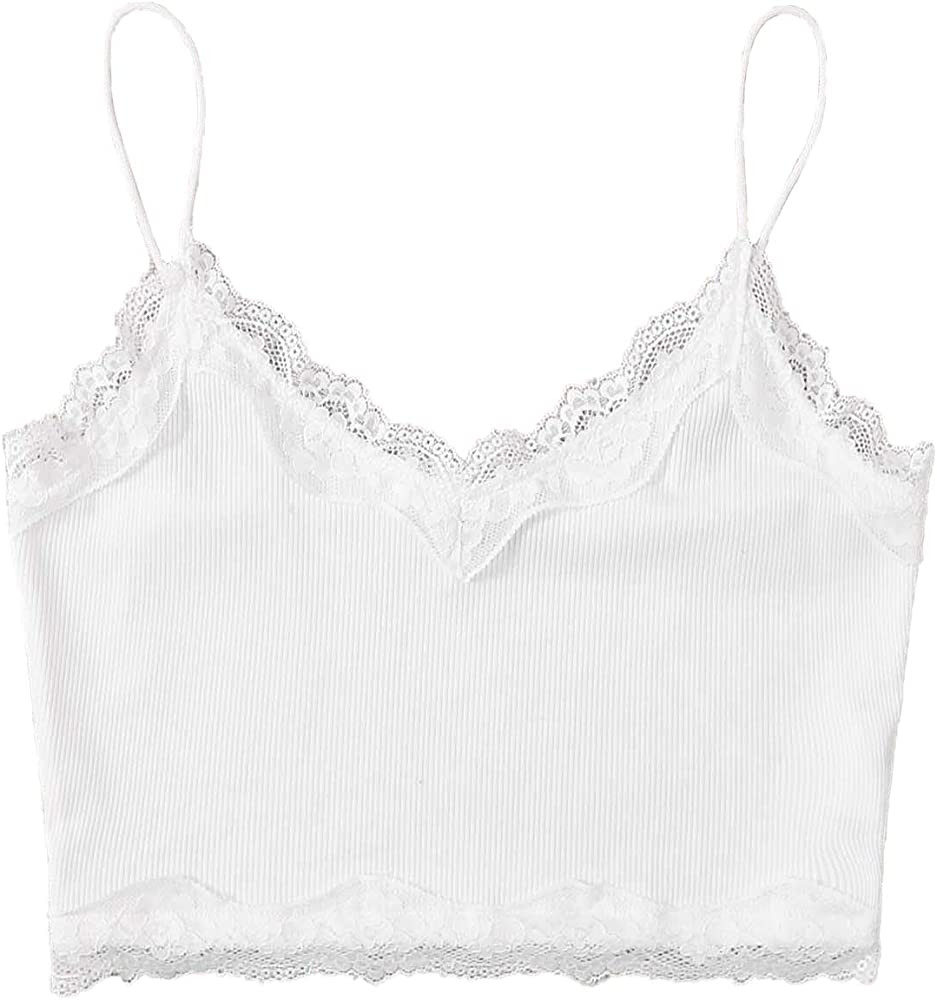 Verdusa Women's V Neck Spaghetti Strap Lace Trim Crop Cami Tops | Amazon (US)