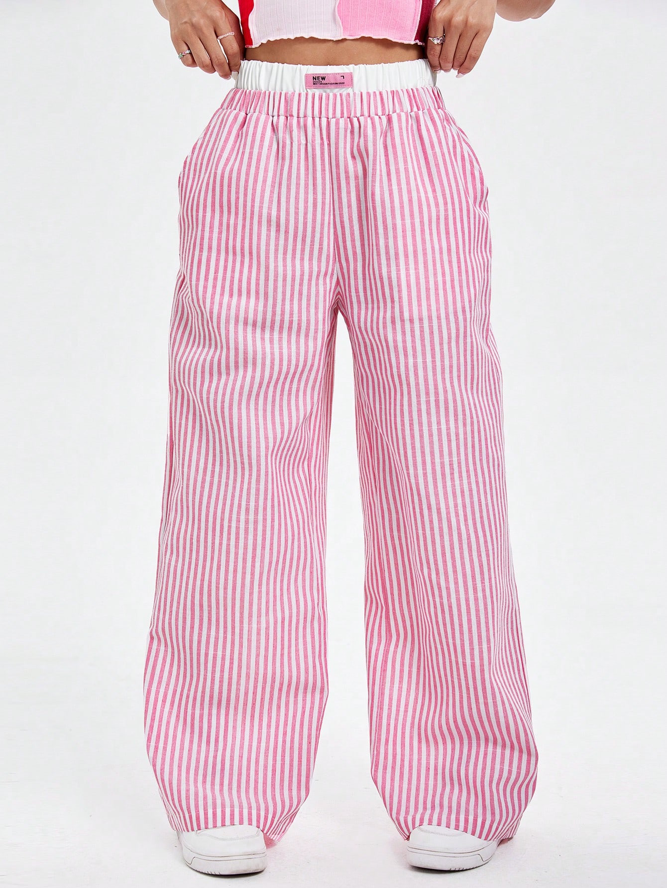 SHEIN MOD Women's Elastic Waist Striped Color Block Wide Leg Pants | SHEIN