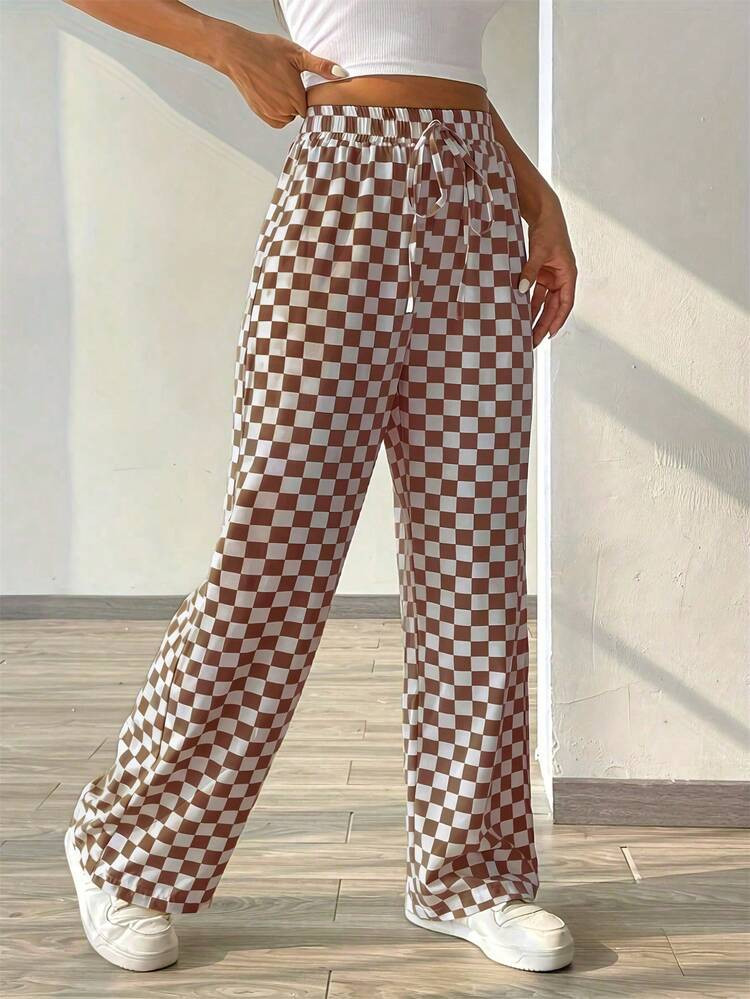 Plaid Print Casual Versatile Loose Drawstring Wide Leg Pants | SHEIN