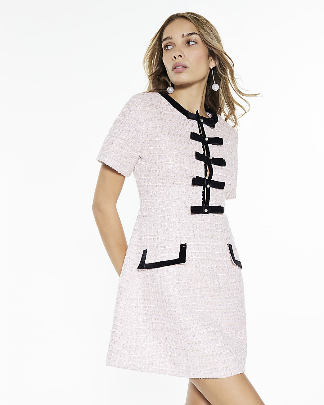 Pink Bow Front Boucle Mini Dress | River Island UK & IE