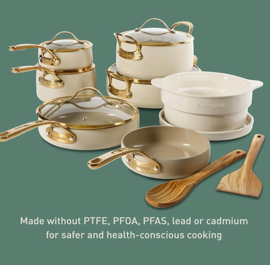 SO ELEGANT! 🤩 15 Piece Pots and Pans Heavy Duty Aluminum Premium PFA Free Ceramic Nonstick Cookware Set - Almond Cream w/Gold Handle
